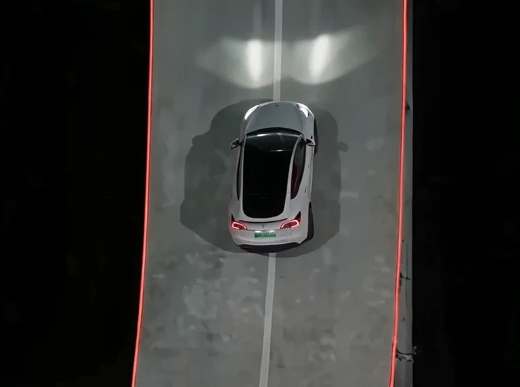 Flying car AI generated example: the white car climbs the stunt ramp