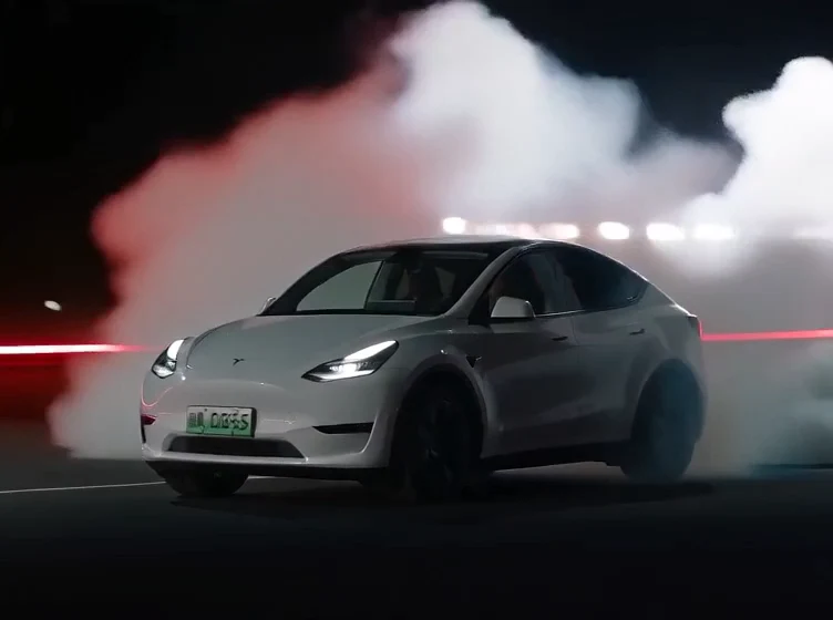 Flying car AI generated example: the white car lands and drives away